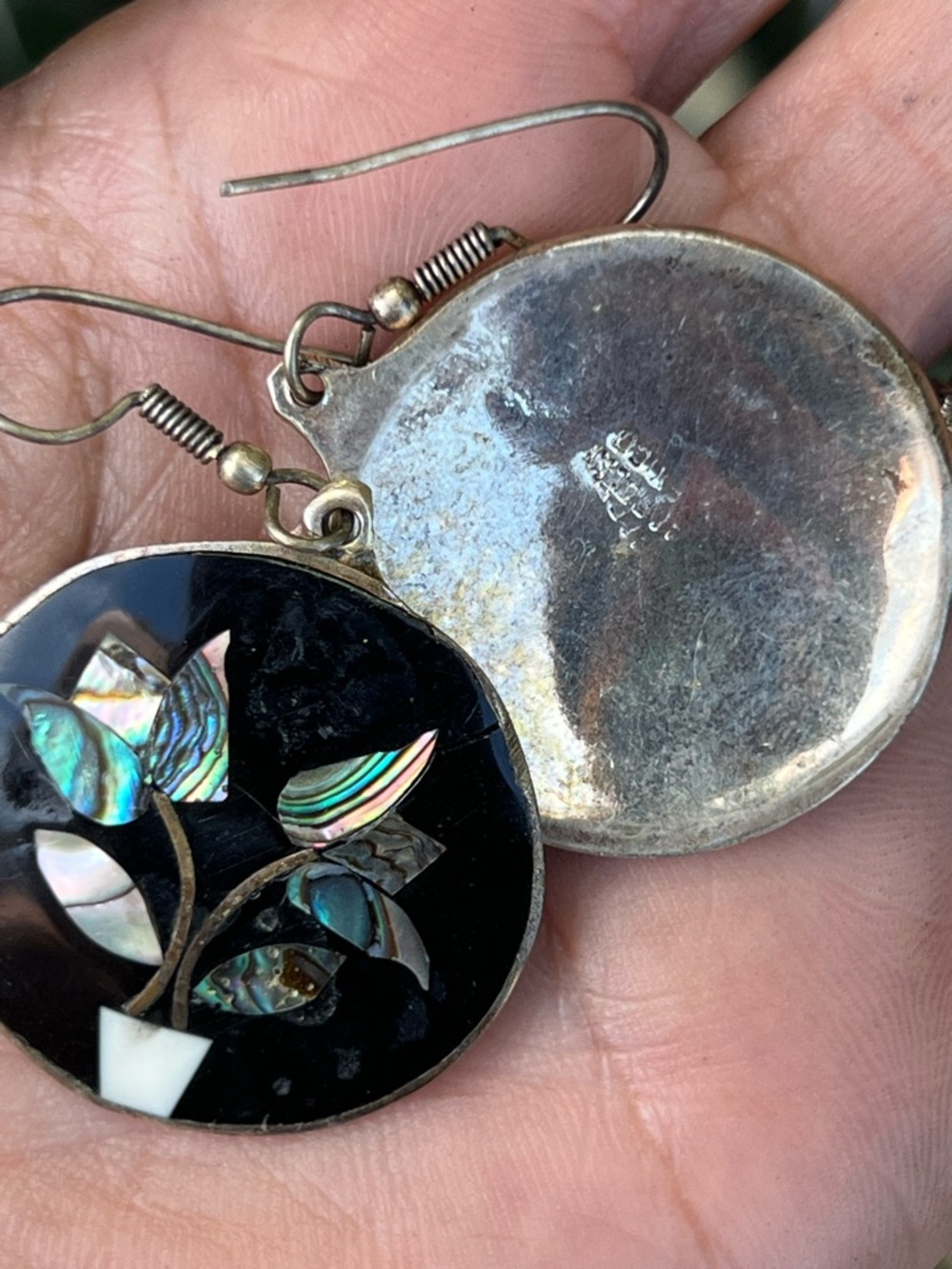 Vintage Alpaca Mexico Abalone Inlay Earrings Silver Tone - Picture 4 of 7